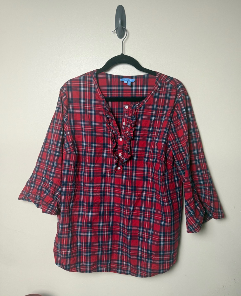 Draper James Womens 2X Red Plaid Ruffle Popover Blouse Cotton Holiday Preppy Top